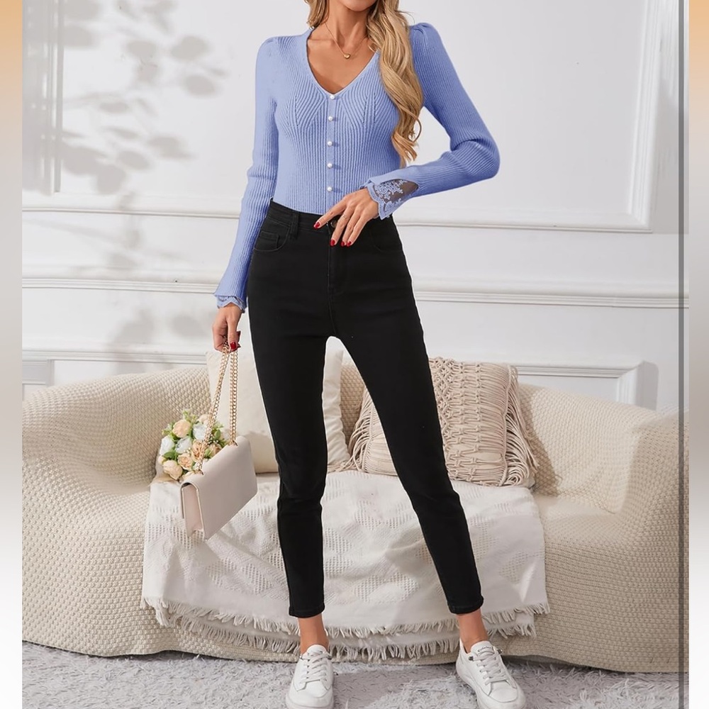 NWT Blue Ribbed Knit Sweater Pearl Accents Lace Cuff Top Size L - Picture 2 of 14